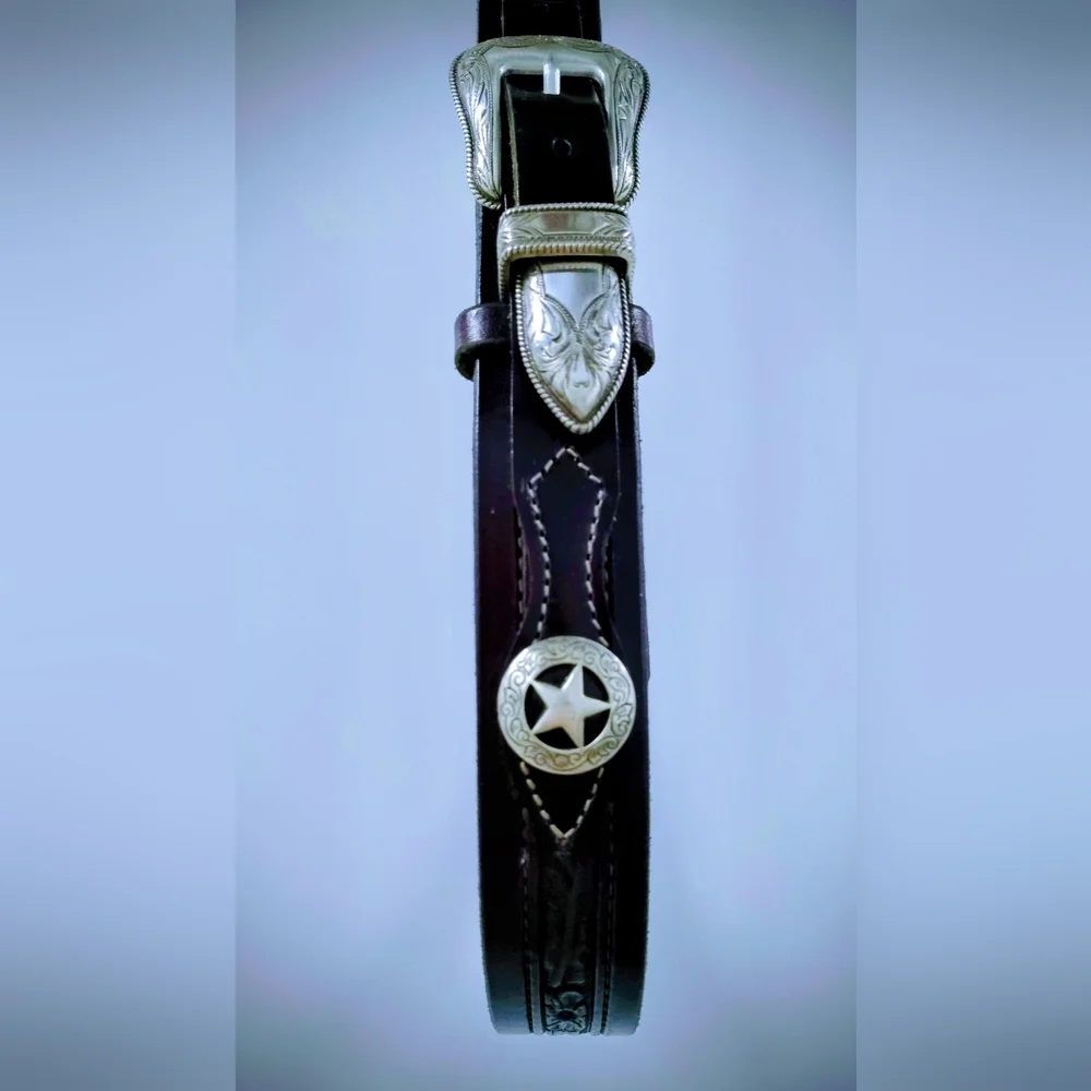 LEATHER MEN'S BELT WESTERN HANDMADE,  FILIGREE SILVER BUCKLE, ⭐ CONCHOS Sz 42-46 - Picture 11 of 15